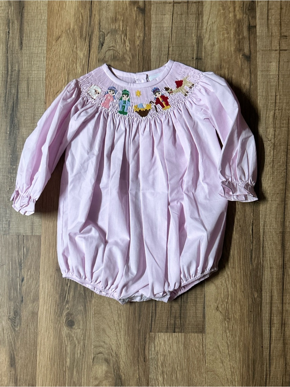 Stitchy Fish Pink Smocked Away in a Manger Long Sleeve Bubble Romper 12M